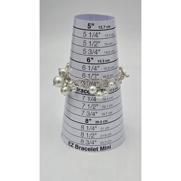 Silver Tone Dangle Faux Pearl Charm Bracelet Circle Link Toggle Clasp Jewelry - Picture 5 of 5